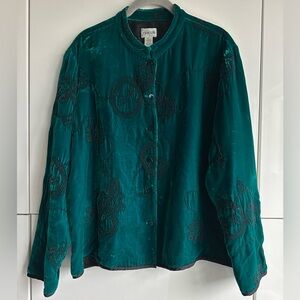 Chicos Dark Green Velvet Jacket Black Embroidery Size 2 (Medium) Silk Buttons